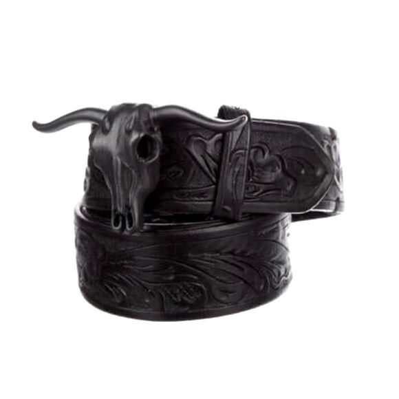 Ralph Lauren NWT 2012 Steer-Head Skull Black Calf Leather Western Tooled Belt - Picture 3 of 8